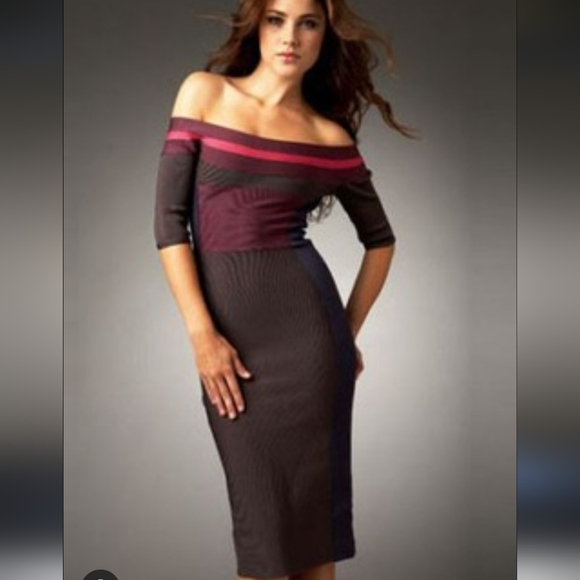 Herve Leger Off-Shoulder Dress in Pink Gray Purple and Blue